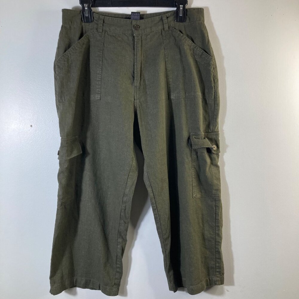 Womens Lee City Elements Cargo Pants Wide Leg Linen‎ Blend Cropped Green 14